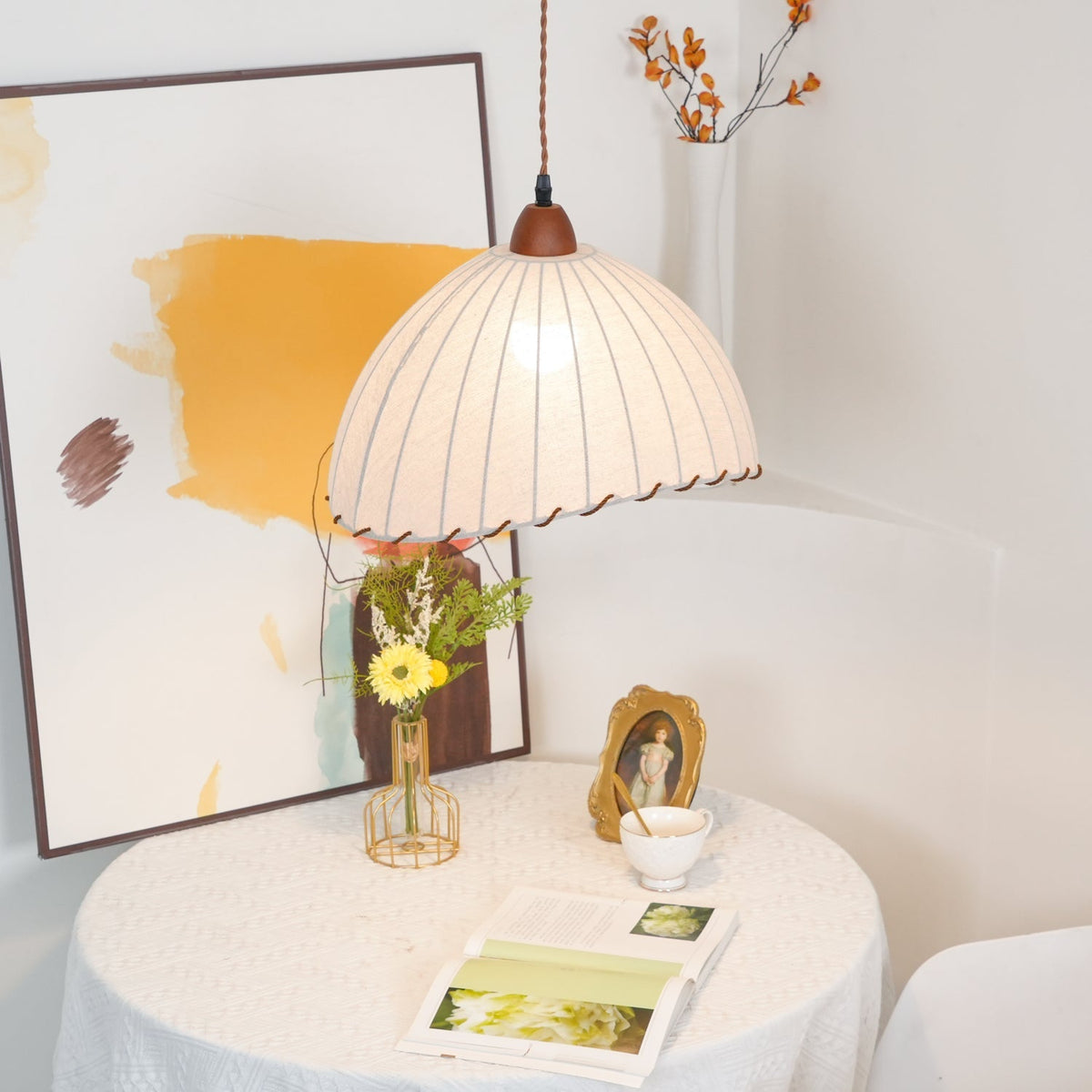 Fabric Dome Ceiling Light White 14 inch Ribbed Scalloped Hanging Fixture for Dining Room Bedroom Adjustable Height Vintage Modern E26 Socket