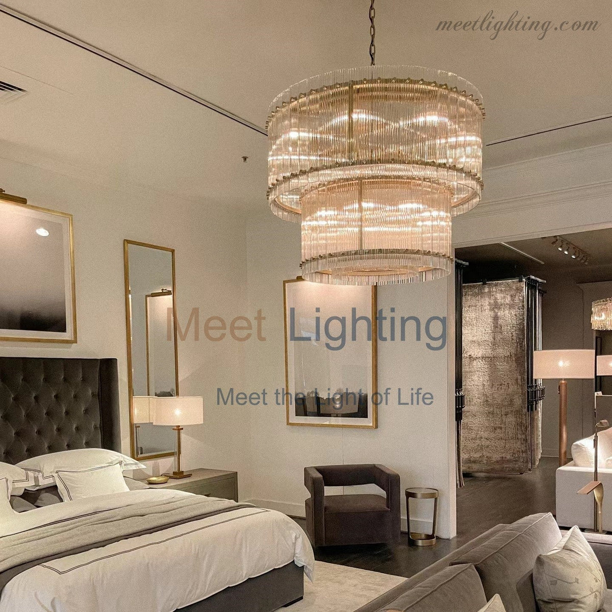 Circular Tiered Glass Panel Ceiling Fixture 22-60 Inch Diameter for Dining Room Foyer Living Room Bedroom Hotel Entryway Statement Lighting