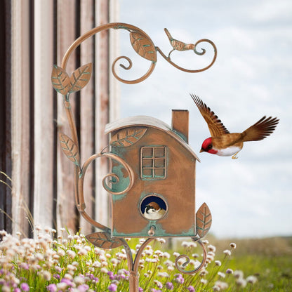 Artistic Metal Birdhouse Garden Stake with Unique Design | Decorative Outdoor Accent for Nature Lovers