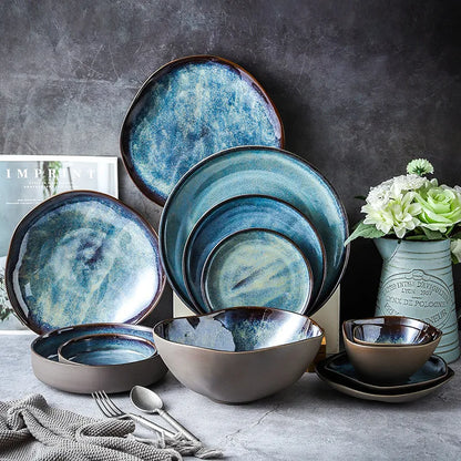 Handcrafted Porcelain Tableware Set with Turquoise Glaze - 11-Piece Service for Dinner Parties & Family Meals - Microwave & Dishwasher Safe