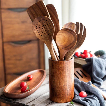 8-Piece Wooden Kitchen Tool Set Natural Wood Spatulas Spoons Ladle with Holder 12 Inch Tools for Home Cooking