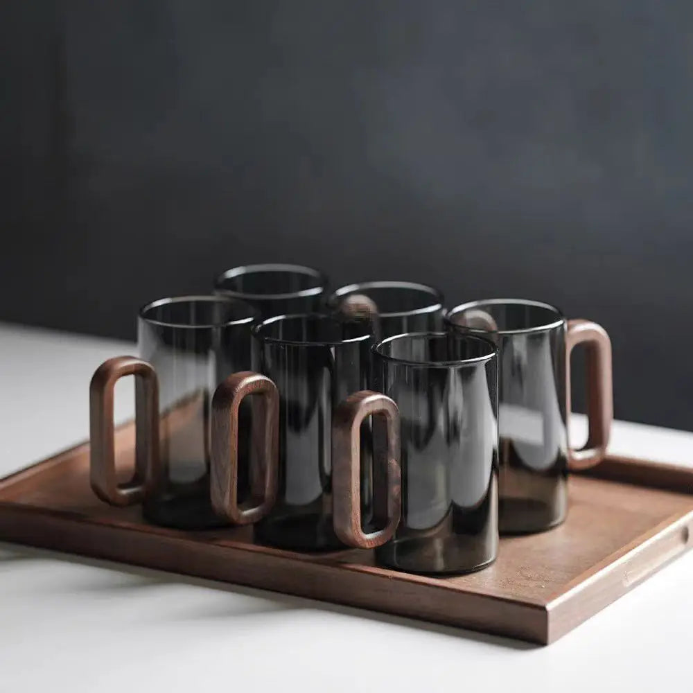 Heat-Resistant Glass Mug with Wooden Handle for Tea Coffee & Juice Minimalist Drinkware with Smooth Contours for Kitchen Dining Room Office