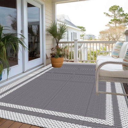 Weather-Resistant Floor Mat for Decks Porches Gardens 59×94 Inch Gray Reversible Woven Patio Covering for Camping RV Balcony