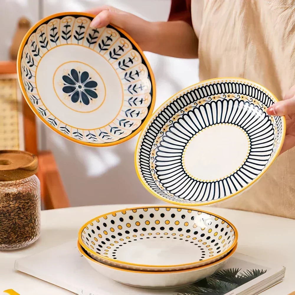 Hand-Painted Floral Porcelain Plates Set of 4 Navy Blue Gold 7.9 Inch Salad Dessert Breakfast Dishes Ceramic Tableware for Kitchen Dining Ro