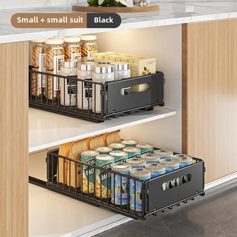 Pull-Out Cabinet Organizer Steel Glide Rack 15 in Deep Spice Jar Pantry Tray for Kitchen Storage Black