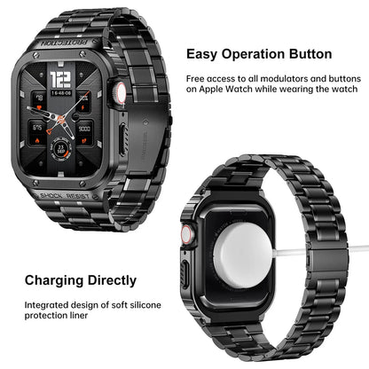 Metal Band and Bumper Case Bundle for Apple Watch 44mm 45mm Series – Shock-Absorbing Frame with Coordinated Strap in Black Silver Gold