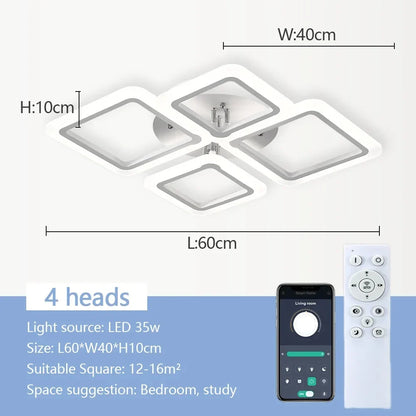Square Flush Mount LED Fixture 50 in Dimmable Remote Control White Aluminum Geometric Rings for Bedroom Living Room Dining Room Open Plan