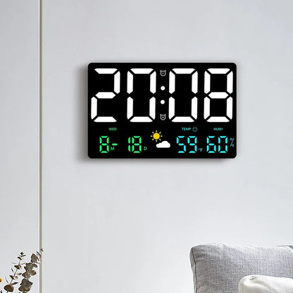 LED Alarm Clock with Weather Display 9.8 inch Temperature Humidity Monitor Remote Control Desk Wall Mount Digital Clock for Bedroom Office H
