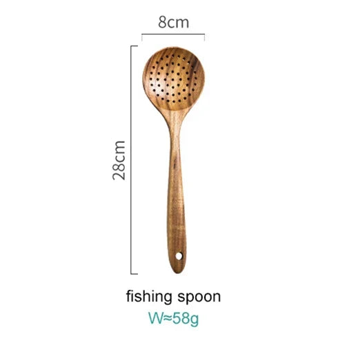 Natural Wood Kitchen Utensil Set 8-Piece with Display Stand for Cooking and Serving Non-Stick Cookware Safe Tools
