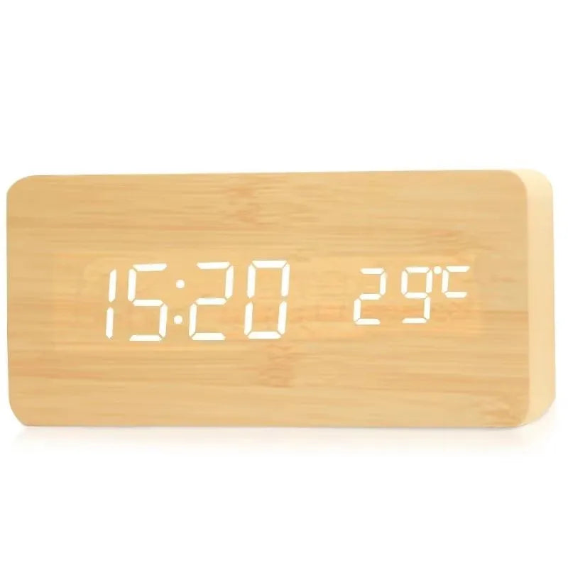 Digital LED Desk Clock with Triple Alarms Temperature Display Brightness Control Wood Grain Finish USB Powered for Bedroom Office Nightstand