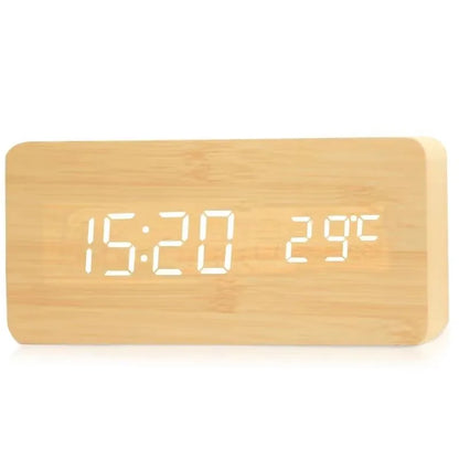 Digital LED Desk Clock with Triple Alarms Temperature Display Brightness Control Wood Grain Finish USB Powered for Bedroom Office Nightstand