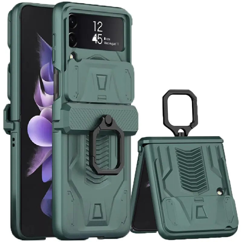 Foldable Phone Protective Cover with Magnetic Kickstand Ring for Samsung Galaxy Z Flip 4 & Z Flip 3 – Dual-Layer Shockproof Design