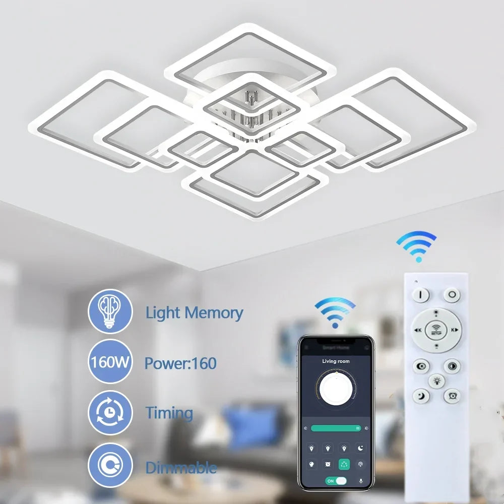 Square Flush Mount LED Fixture 50 in Dimmable Remote Control White Aluminum Geometric Rings for Bedroom Living Room Dining Room Open Plan
