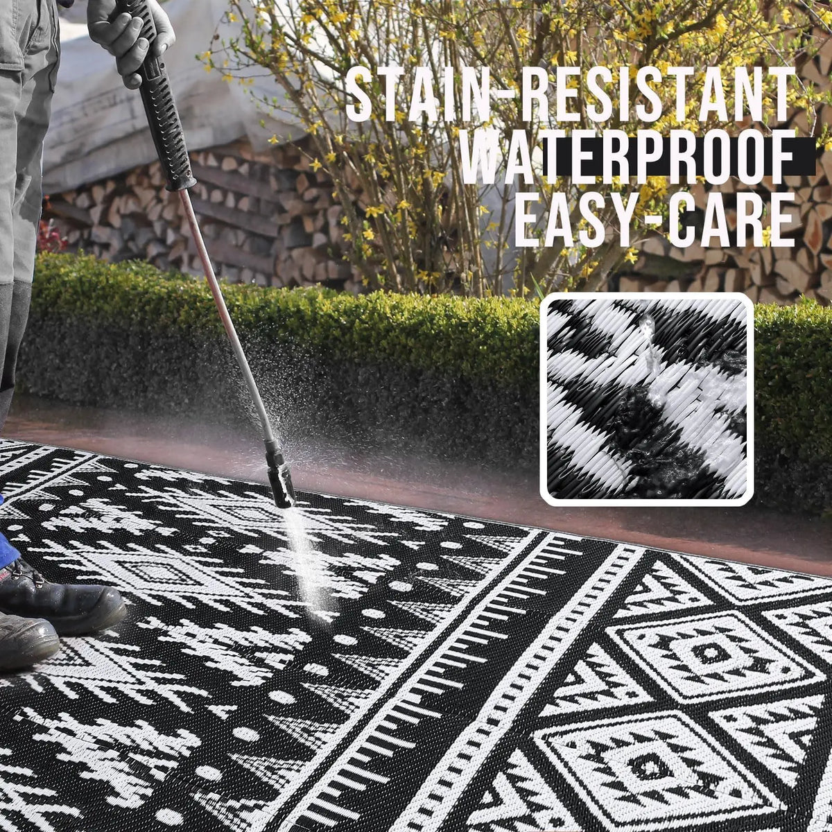 Woven Reversible Patio Mat with Braided Plastic Construction for Decks, Balconies & Camping | Weather-Resistant Geometric Floor Covering