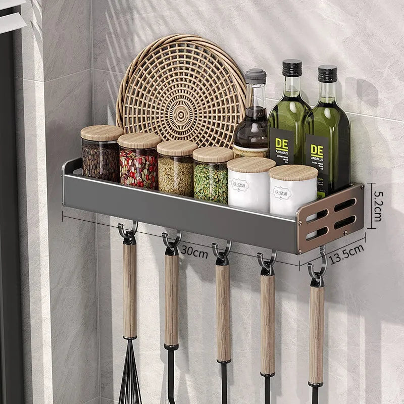 Aluminum Shelf Organizer Gunmetal Gray 20-Inch Wall Mount Spice Rack with Towel Bar Adhesive or Screw Install for Small Kitchen Rental Apart