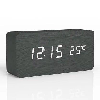 Digital LED Desk Clock with Triple Alarms Temperature Display Brightness Control Wood Grain Finish USB Powered for Bedroom Office Nightstand