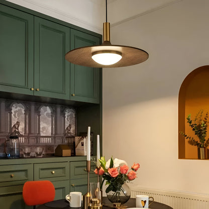 Sculptural Metal Shade Ceiling Fixture with Organic Wood-Tone Accent – 10 in or 14 in Drop Light for Island Counter Bar and Breakfast Nook –