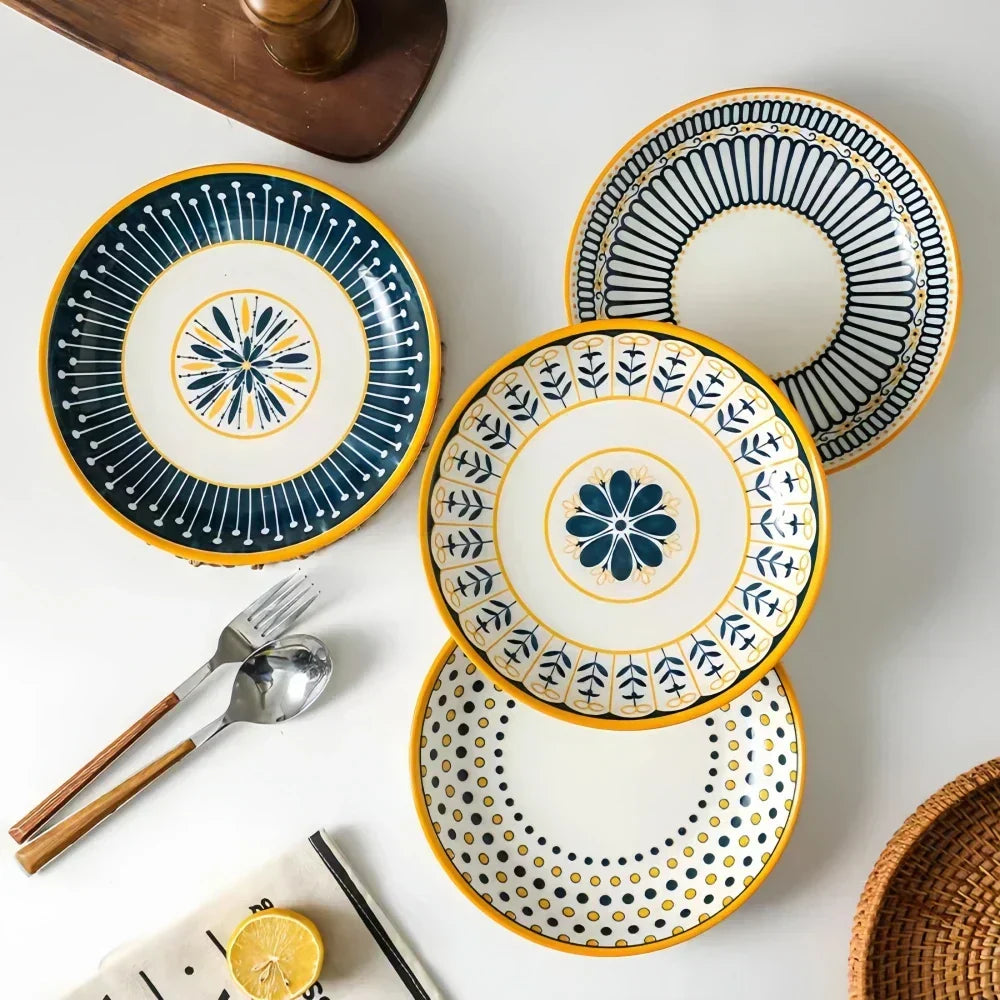 Hand-Painted Floral Porcelain Plates Set of 4 Navy Blue Gold 7.9 Inch Salad Dessert Breakfast Dishes Ceramic Tableware for Kitchen Dining Ro