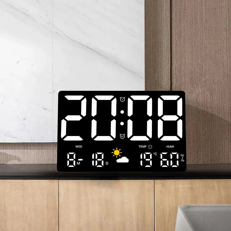 LED Alarm Clock with Weather Display 9.8 inch Temperature Humidity Monitor Remote Control Desk Wall Mount Digital Clock for Bedroom Office H