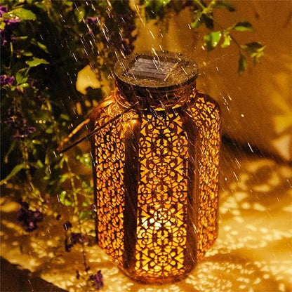 Geometric Metal Outdoor Solar Lantern with Auto Dusk Sensor for Patio Garden Yard Decor Hanging LED Light
