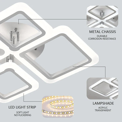 Square Flush Mount LED Fixture 50 in Dimmable Remote Control White Aluminum Geometric Rings for Bedroom Living Room Dining Room Open Plan