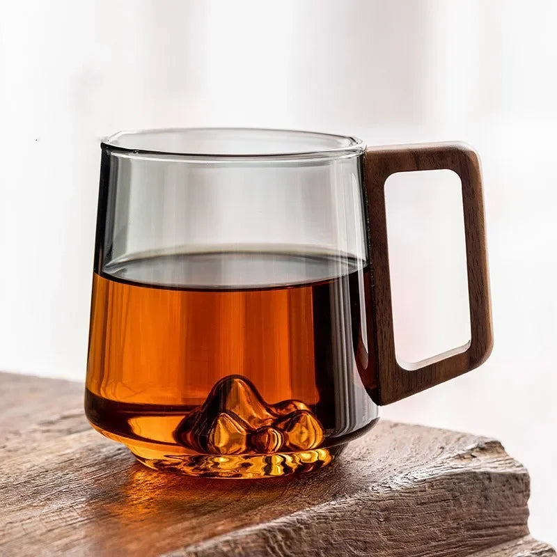 Insulated Borosilicate Glass Mug with Wood Grip 4-Inch Thermal Coffee Cup Peak Shape for Hot Beverages Kitchen Office