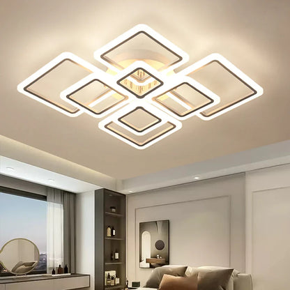 Square Flush Mount LED Fixture 50 in Dimmable Remote Control White Aluminum Geometric Rings for Bedroom Living Room Dining Room Open Plan