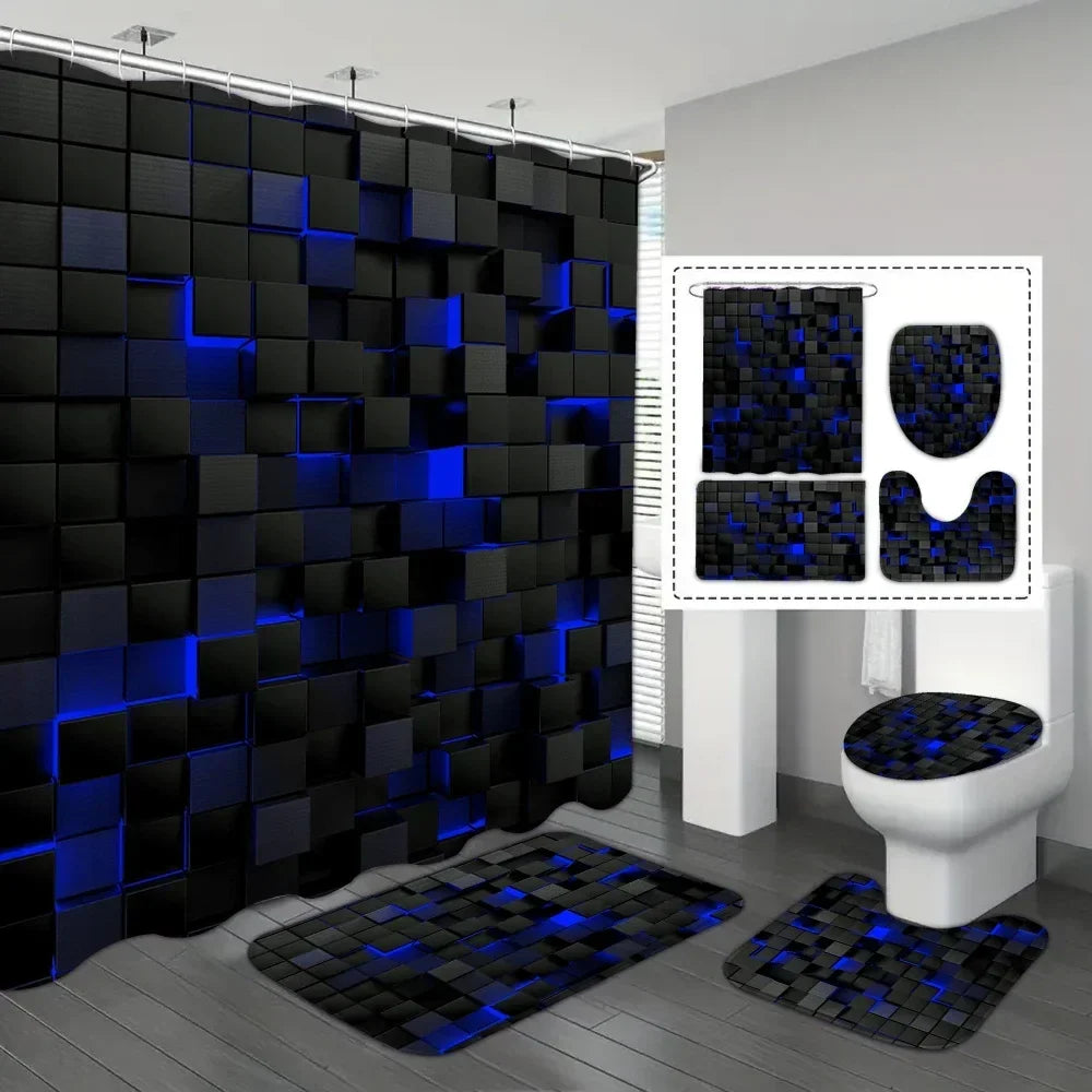 4-Piece Bathroom Mat and Shower Curtain Set in Waterproof Blue and Black