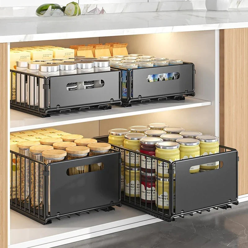 Pull-Out Cabinet Organizer Steel Glide Rack 15 in Deep Spice Jar Pantry Tray for Kitchen Storage Black