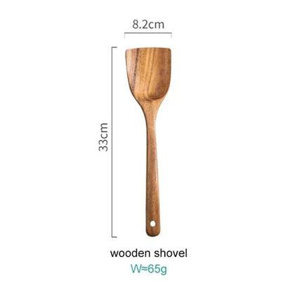 Natural Wood Kitchen Utensil Set 8-Piece with Display Stand for Cooking and Serving Non-Stick Cookware Safe Tools