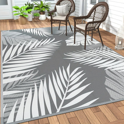 Weather-Resistant Floor Mat for Decks Porches Gardens 59×94 Inch Gray Reversible Woven Patio Covering for Camping RV Balcony