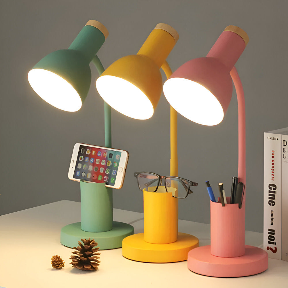 Metal Task Light with Flexible Gooseneck Phone Stand Pen Holder 18-Inch Desk Organization Lamp Iron Base Dorm Bedroom Study Office Desktop W