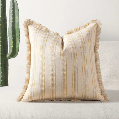 Sable Stripe Cushion Cover - Textured Cotton-Polyester Blend, Decorative Fringe