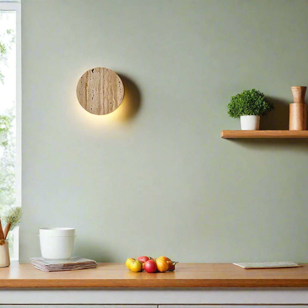 Travertine Stone Wall Sconce Round Frosted Glass Up Down Light Fixture 4 Inch Natural Stone Ambient Lighting Bedroom Hallway Entryway Bathro