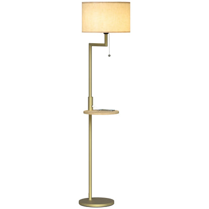 Arc Floor Lamp with Bamboo Shelf and USB Charging Port 67 inch Gold Steel Frame Beige Linen Shade Reading Light for Bedroom Living Room Home