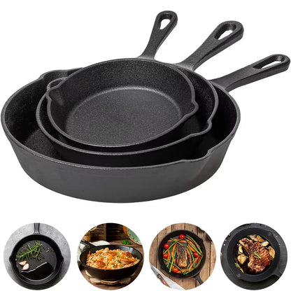Three-Piece Skillet Set Uncoated Iron 6.3-Inch 7.9-Inch 10.2-Inch Black Multi-Cooktop Compatible Heat-Retaining Pan Collection