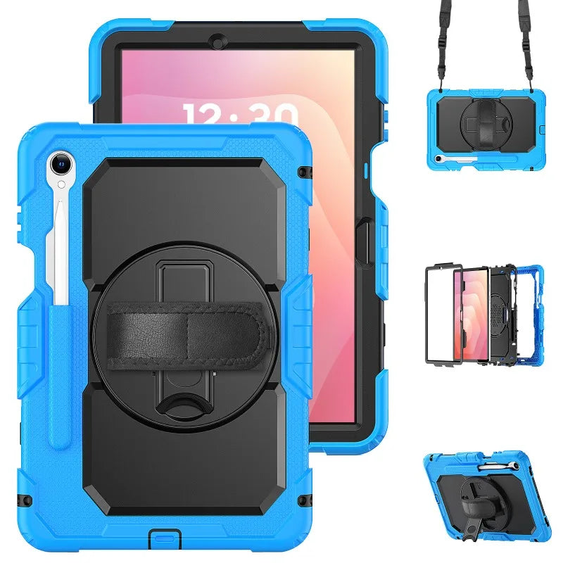 Heavy-Duty Tablet Case for Samsung Galaxy Tab S11–S7 with Rotating Hand Strap, Kickstand & Shoulder Strap
