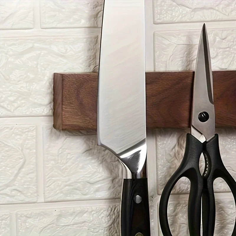 Wall-Mount Kitchen Knife Bar Solid Walnut Wood 16 Inch Magnetic Storage Strip Chef Blade Organizer Space Saver Rack for Cooking Tools Utensi