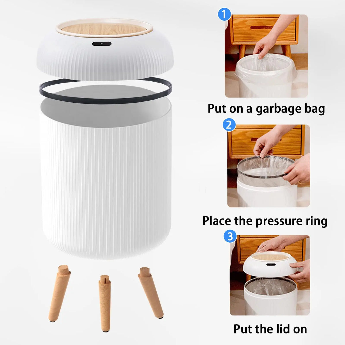 Sensor Garbage Can 2.6 Gallon Automatic Lid Wood Base Small Waste Basket White Black Green for Kitchen Bathroom Bedroom Office Compact Infra