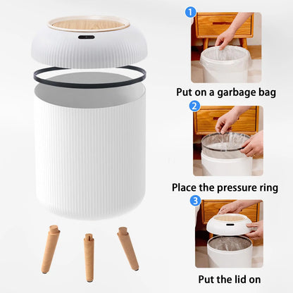 Sensor Garbage Can 2.6 Gallon Automatic Lid Wood Base Small Waste Basket White Black Green for Kitchen Bathroom Bedroom Office Compact Infra