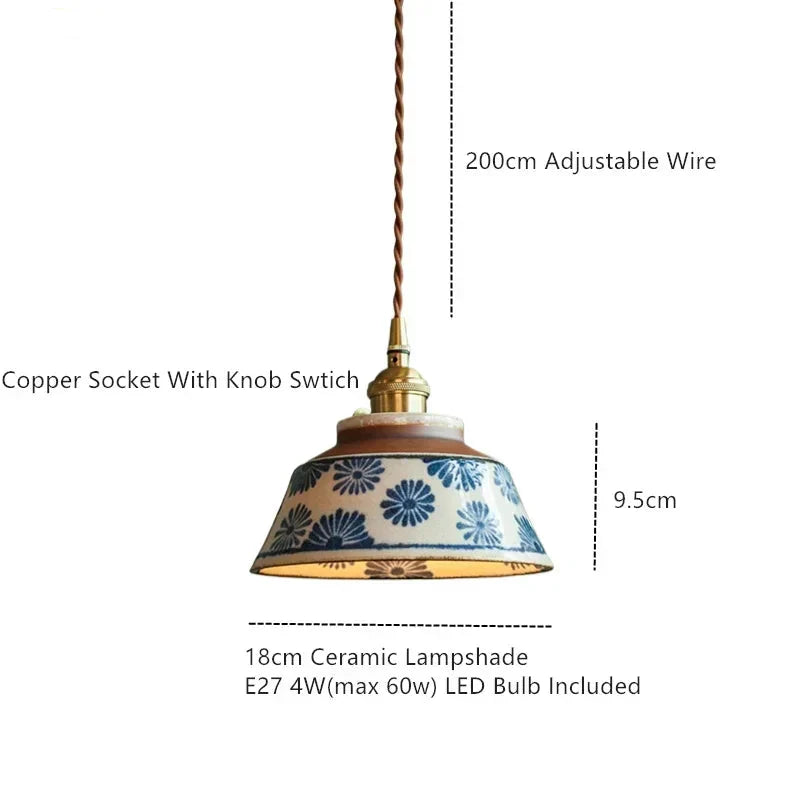 Ceramic Hanging Light Fixture with Unique Floral Designs for Kitchen, Dining Room, Cafe | Artisan Crafted Copper Hardware Pendant Lamp