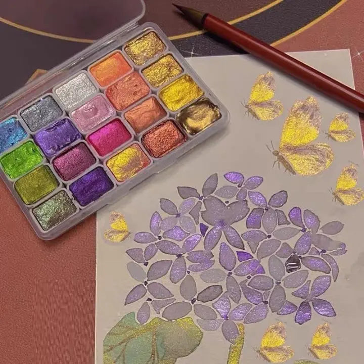 Shimmer Palette 20-Pan Portable Artist Tin for Calligraphy Mixed Media Journaling Canvas 4.5×3.3 in Pearlescent Pigment Block Kit