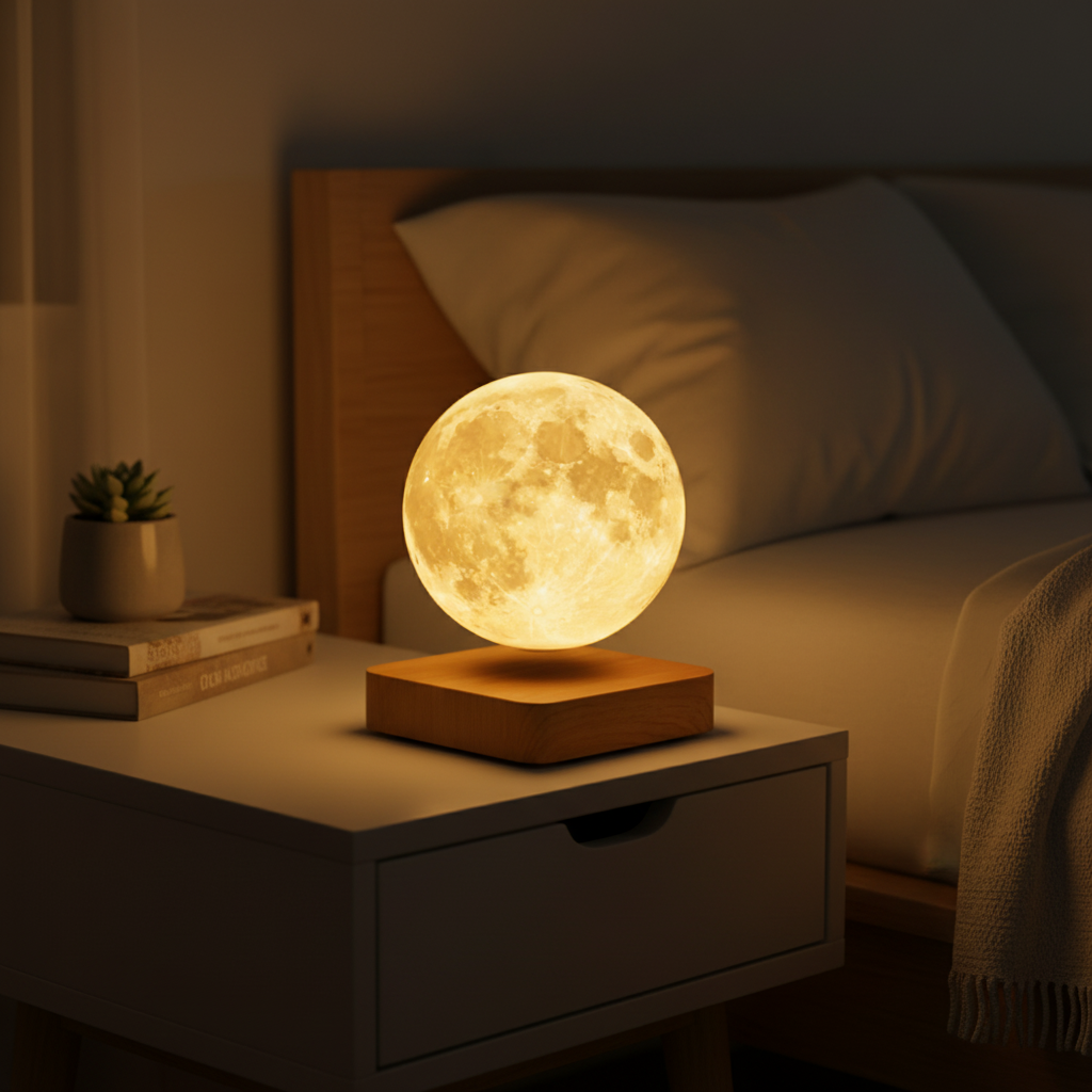 Levitating Moon Night Light with Wooden Base | Rechargeable LED Desk Accent | Touch Dimmable Color Changing Glow | Realistic Lunar Surface f
