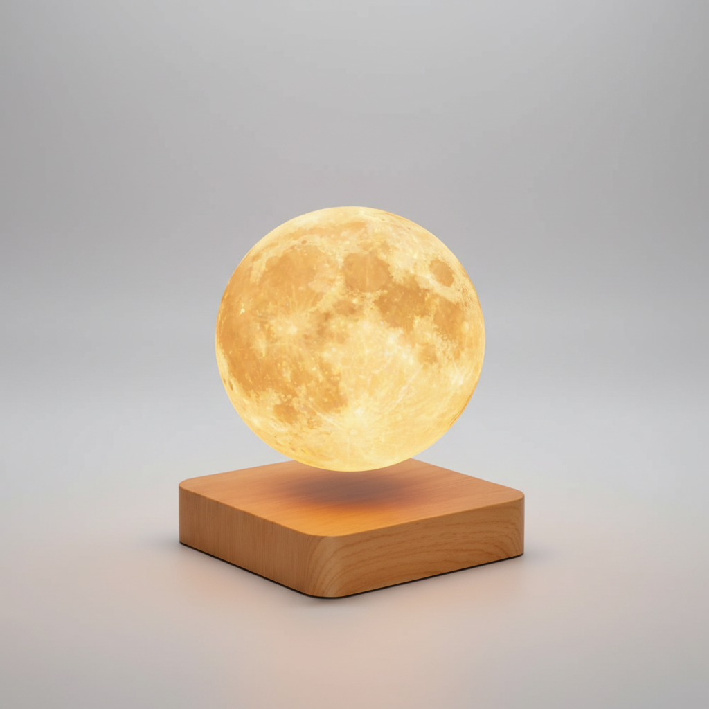 Levitating Moon Night Light with Wooden Base | Rechargeable LED Desk Accent | Touch Dimmable Color Changing Glow | Realistic Lunar Surface f