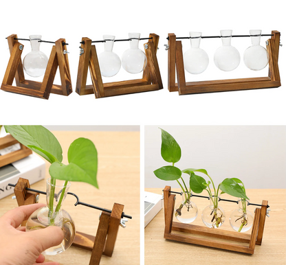 Wooden Hydroponic Vase Holder with Glass Tubes for Propagating Cuttings Tabletop Decor Station for Herbs Flowers Succulents Root Development