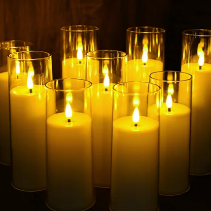 Remote-Controlled LED Pillar Candles 9-Piece Set with Timer for Living Room Bedroom Dining Decor Acrylic Battery-Powered Ivory