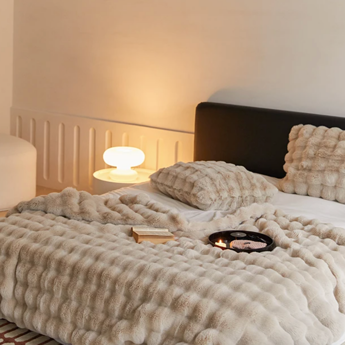 Plush Synthetic Fur Throw Blanket in Neutral Tones for Sofa, Bed, Living Room, and Bedroom