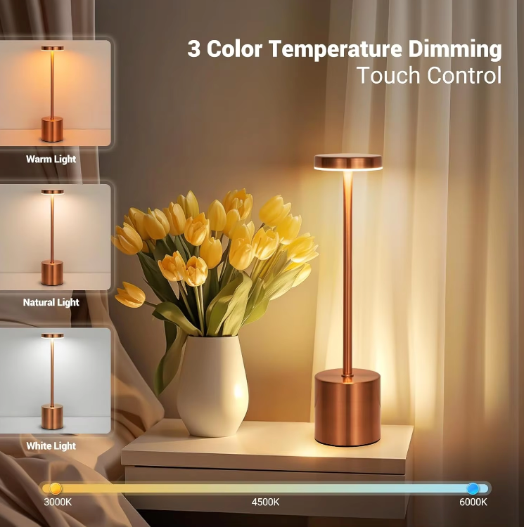 Cordless LED Bedside Light Aluminum 13.4 in USB Rechargeable Touch Dimmable Nightstand Lamp for Bedroom Restaurant Desk 3 Brightness Levels