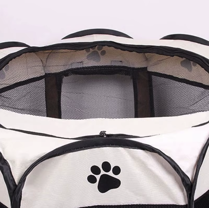 Collapsible Octagonal Dog Pen Steel Frame 45 in Gray Brown Puppy Containment for Home Garden Travel Cat Crate Mesh Visibility Easy Setup