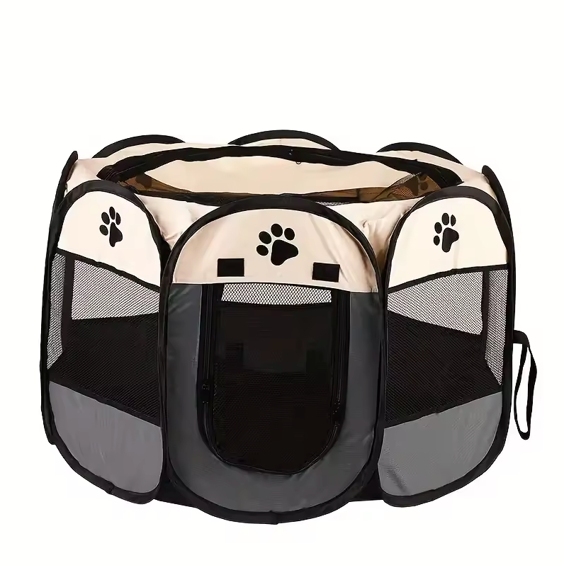 Collapsible Octagonal Dog Pen Steel Frame 45 in Gray Brown Puppy Containment for Home Garden Travel Cat Crate Mesh Visibility Easy Setup
